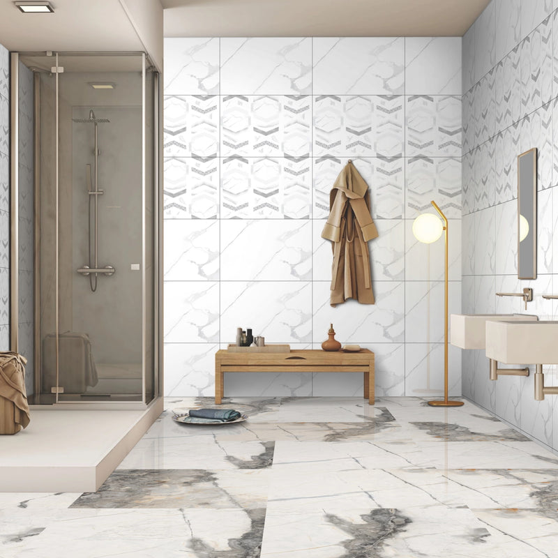 1069 White Carrara Glossy Finish Ceramic 30x45cm Bathroom Wall Tiles