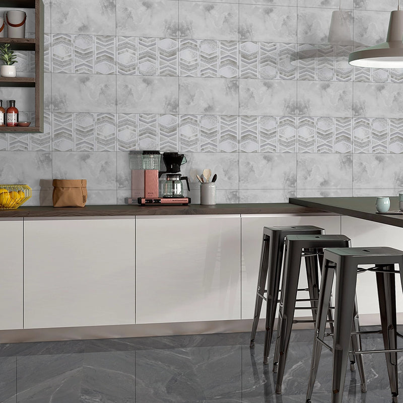 1240 Light Grey Cloud Effect Glossy Ceramic 30x45cm Kitchen Wall Tiles