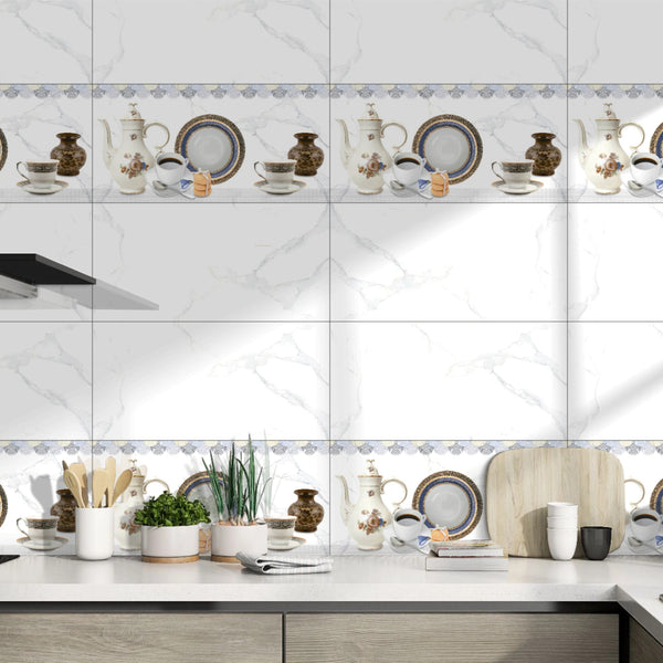 587 White With Grey Carrara Glossy Ceramic 30x60cm Kitchen Wall Tiles