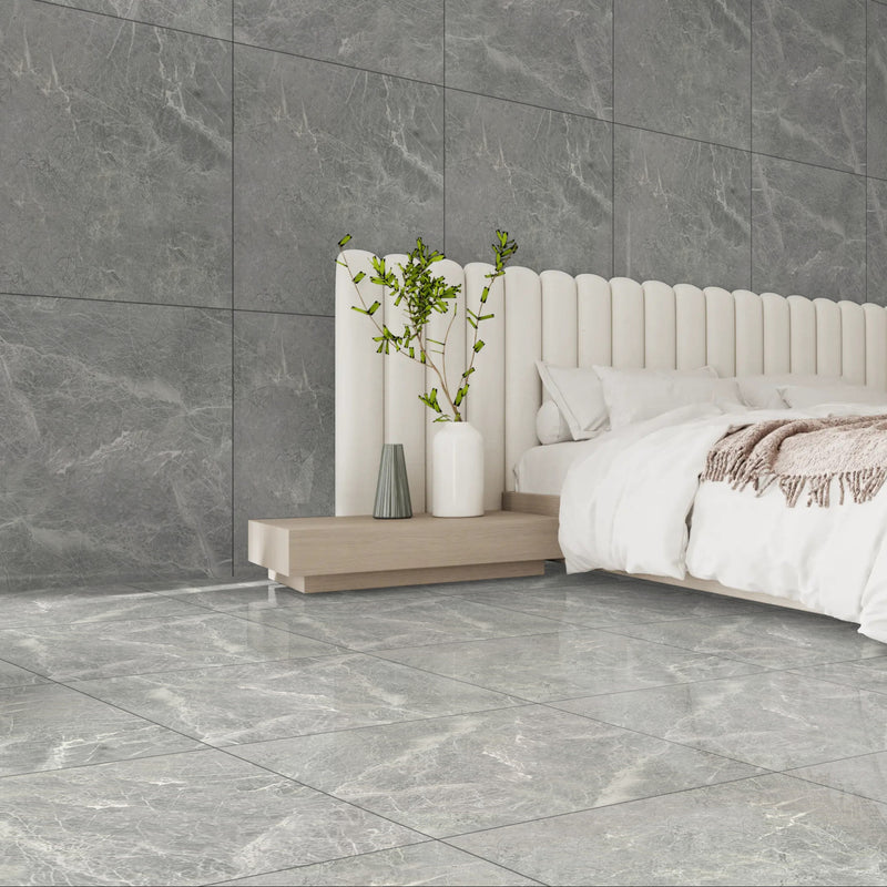 Anlaya Grey Gloss Finish Porcelain 60x60cm Wall and Floor Tiles
