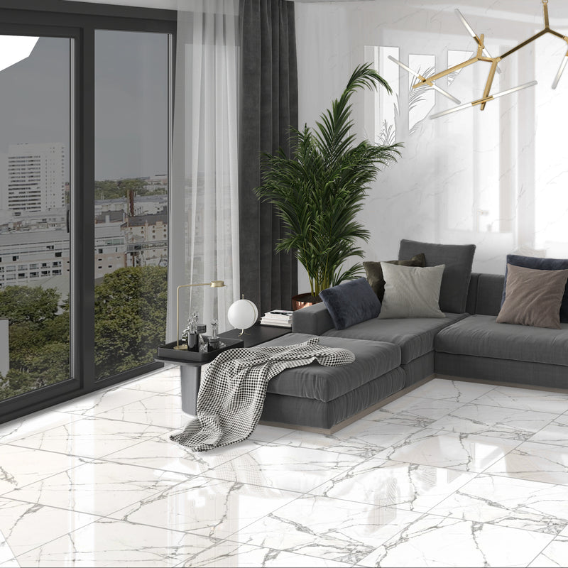 Latuga Carara White Gloss Finish Porcelain 60x60cm Wall Floor Tiles