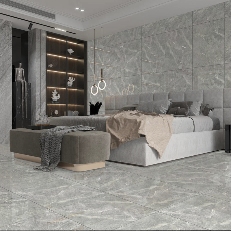 Fog Light Grey Gloss Finish Porcelain 60x60cm Wall and Floor Tiles